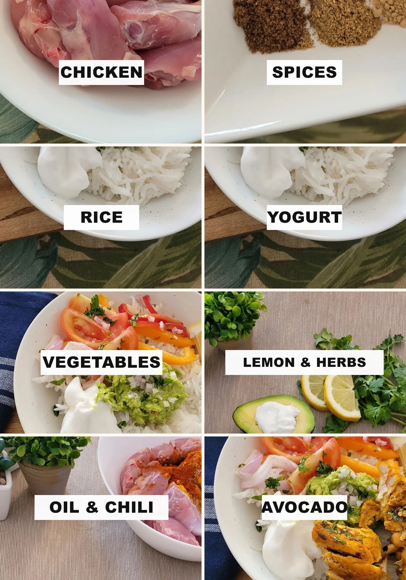 Chicken burrito bowl ingredients labeled with chicken, spices, rice, yogurt, vegetables, lemon, herbs, oil, chili, and avocado