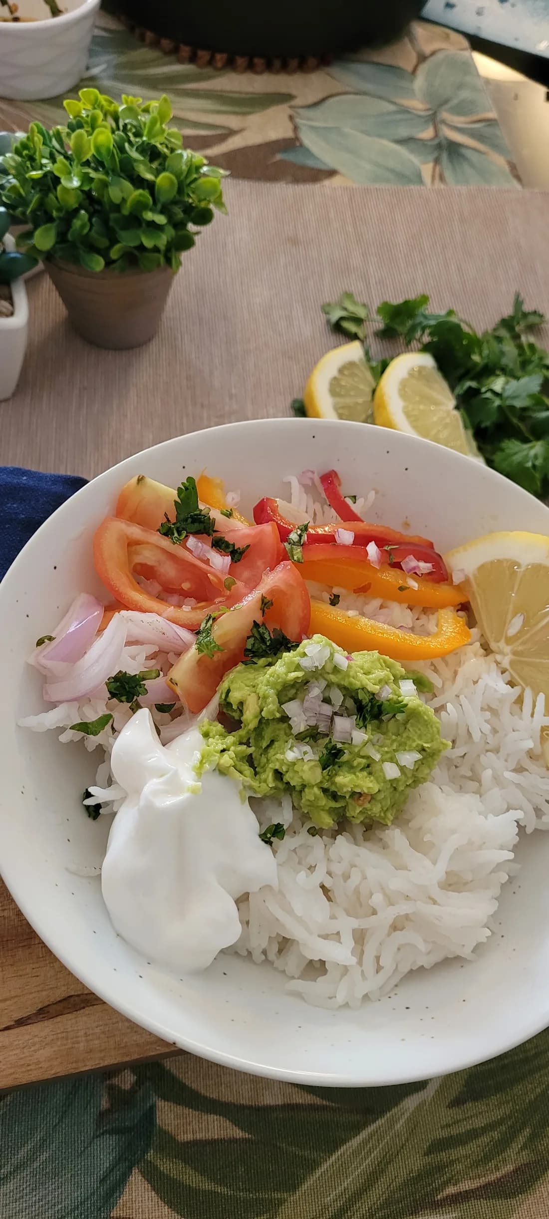 Rice and fresh vegetables arranged in a bowl