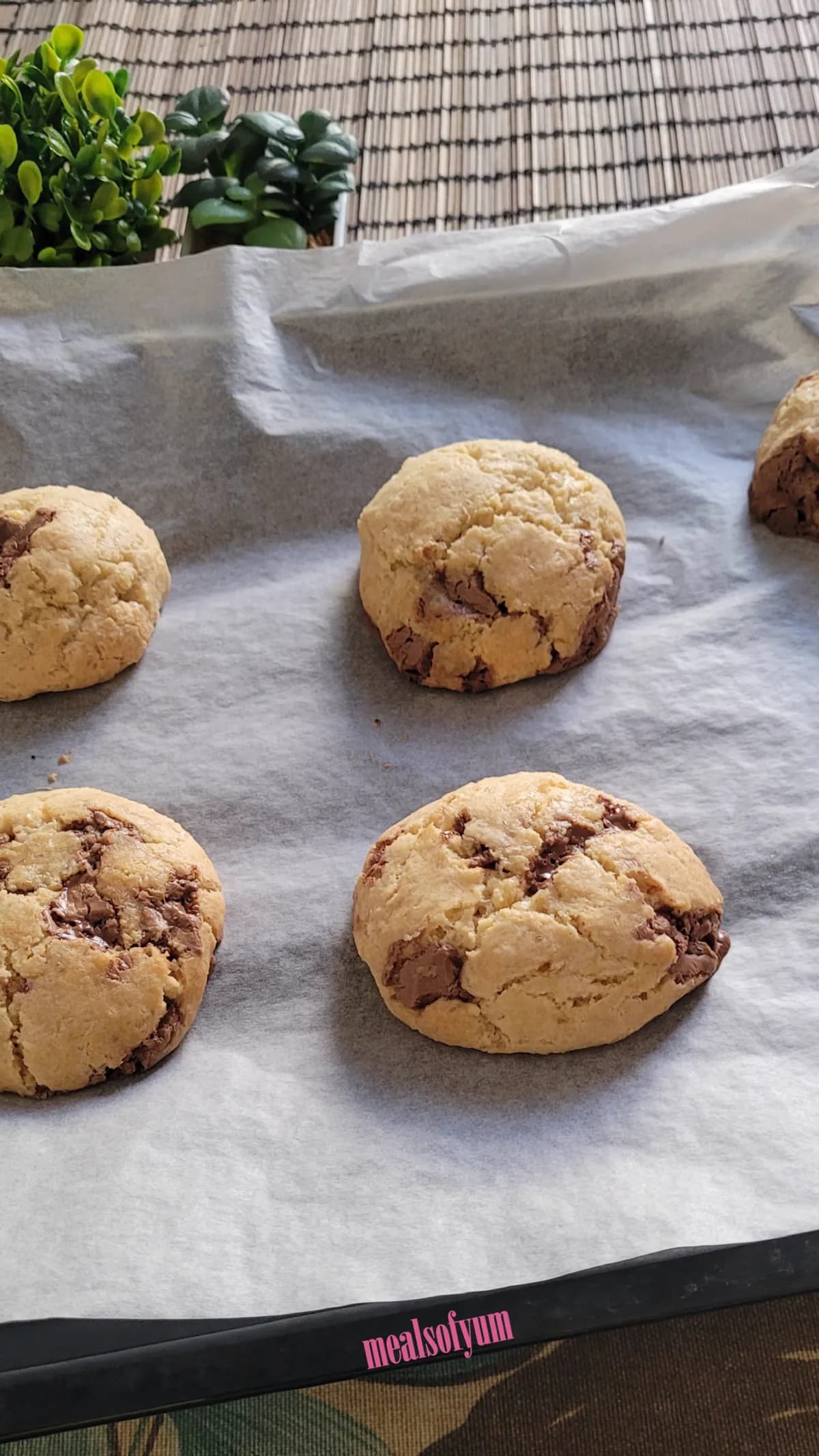 Soft chocolate chip cookies stacked on a plate