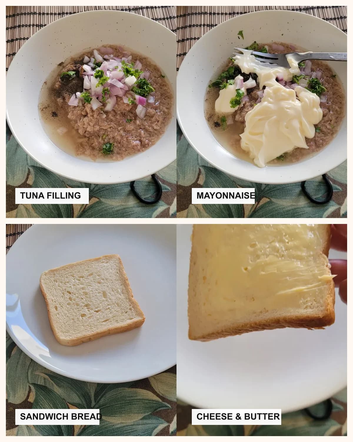 Creamy tuna and cheese sandwich ingredients shown with tuna filling, mayonnaise, sandwich bread, cheese, and butter
